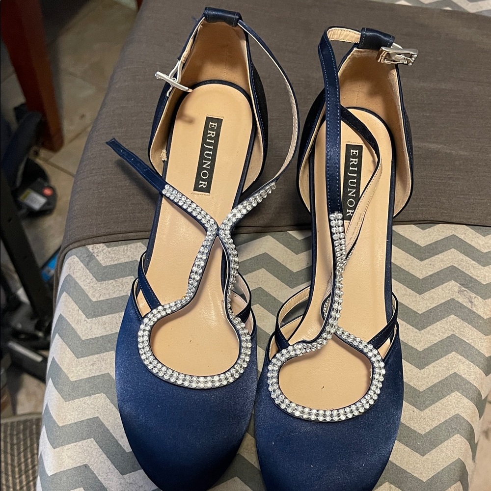 Elegant Navy Blue Satin Heels with Rhinestone Accents
